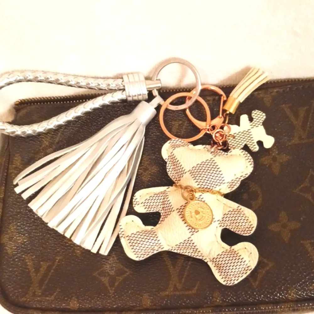 Bag Charm Keychain TEDDY BEAR Damier Azur Handmade with‎ Charms & Tassel